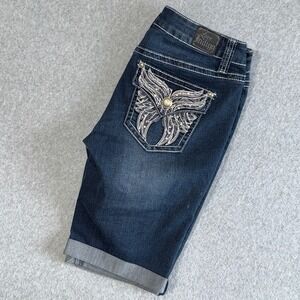 Love Indigo Womens Bermuda Jean Shorts Dark Wash Embroidered Wing Pockets Size 6